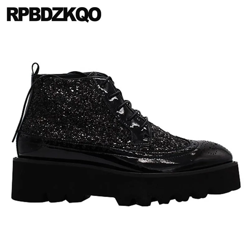 Negro Harajuku Brogue rojo Gruesa Glitter Único Alto Del Negro De Zapatos Grano Hombre Patente Plataforma Suela Top Ala Completo Botas Botines FqH16wFr