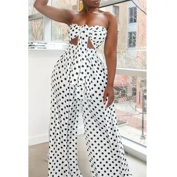 

Sexy Dot Summer Strapless Women Holiday Wrap Chest 2Pcs Polka Dot Crop Top+Wide Leg Long Pants Femme
