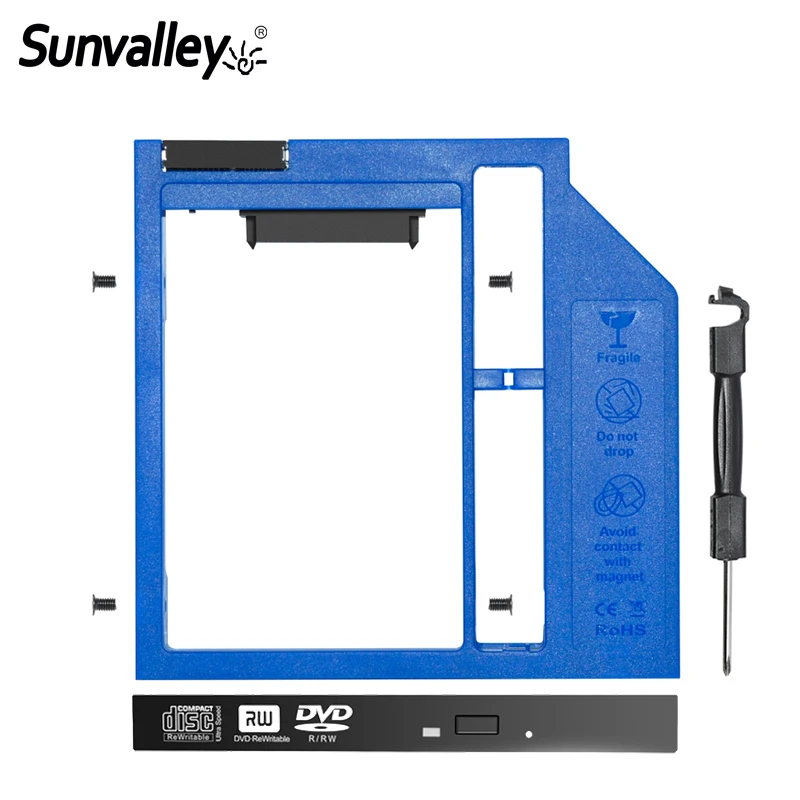 Sunvalley пластиковый SATA 3,0 Универсальный 2-ой HDD Caddy для 9 мм 9,5 мм DVD/CD-ROM ноутбук Optibay с ободком 2,5 дюймов чехол для SSD, HDD