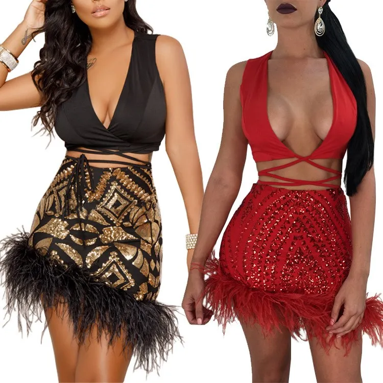 

Feather Bottom Sexy 2 PCS Sets Women Red Shiny Sequined Party Top Skirts Sets Deep V Neck Sleeveless Lace Up Mini Dress Suits