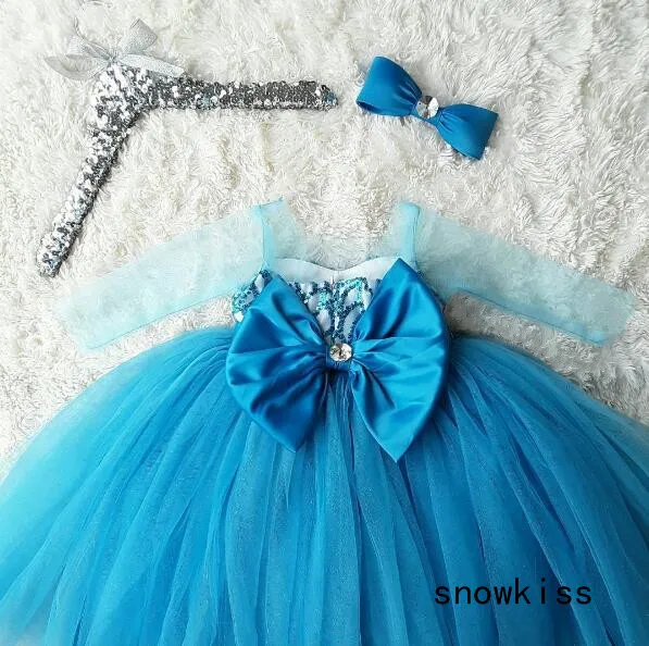 Пышные тюлевые сетчатые длинные рукава, наряд для дня рождения, вечернее платье принцессы с блестками, светло-голубое платье с цветочным рисунком для девочек - Цвет: picture color