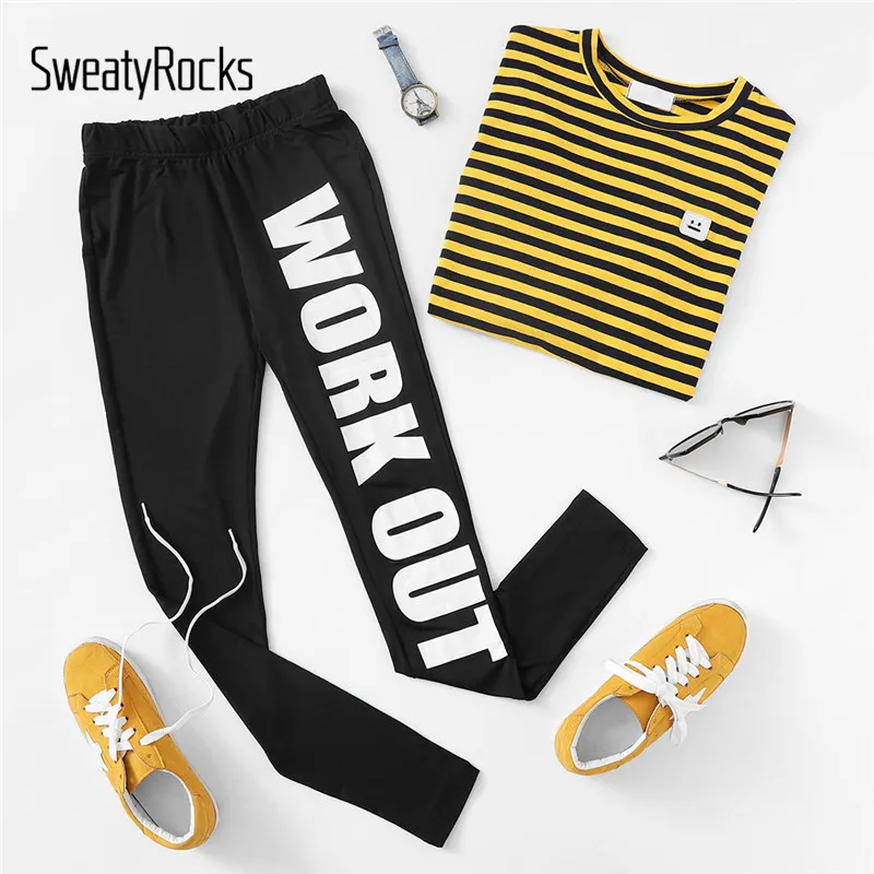 SweatyRocks леггинсы для фитнеса с буквенным принтом эластичные тонкие женские черные леггинсы для тренировок с высокой талией осенние брюки для активного отдыха