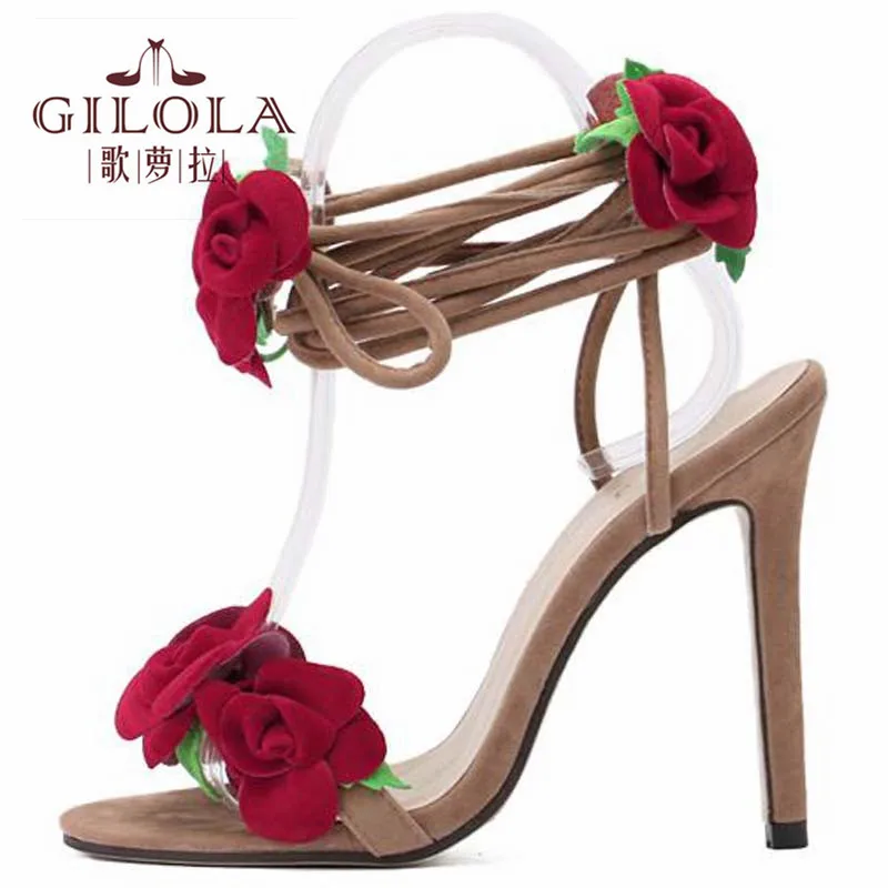 

Thick Heels Women Sandals Ankle Wrap High Heels Lace UP Fashion Shoes Flower Woman Spring Summer #Y0206989Q
