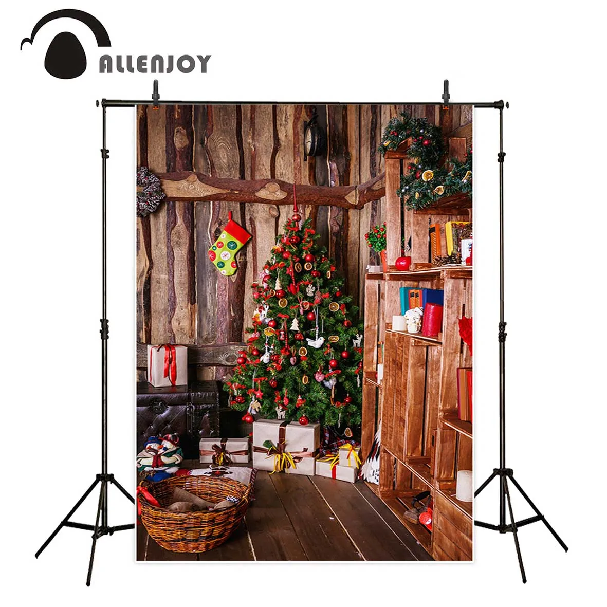 Фон Allenjoy для фотосъемки Рождественский деревянный дом елка книжная полка дети