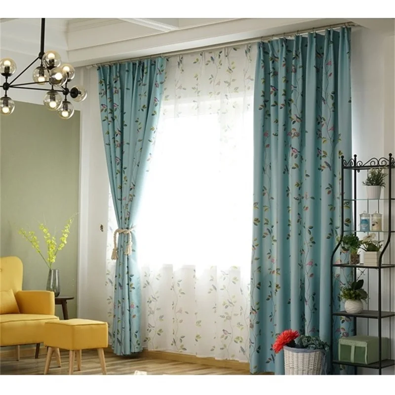 Синие американские пасторальные шторы для спальни, цветочные занавески с изображением птиц, ткань тюль для гостиной, Затемненные кофейные шторы AG181& 3