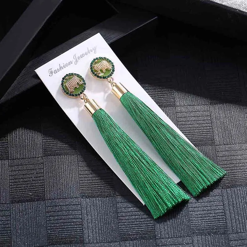 E6094 Trendy Drop Earrings ElephantWomenLongBohemianBlueSilkBalckDangleMetalBohoGold Tassel Earrings 2018 Jewelry