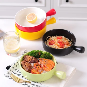 

Ceramic Tray With Handle Soup Bowl Baked Plate Grilled Cheese Big Tableware Series Oven Dinner Baked Dishes Dinnerware 500ml