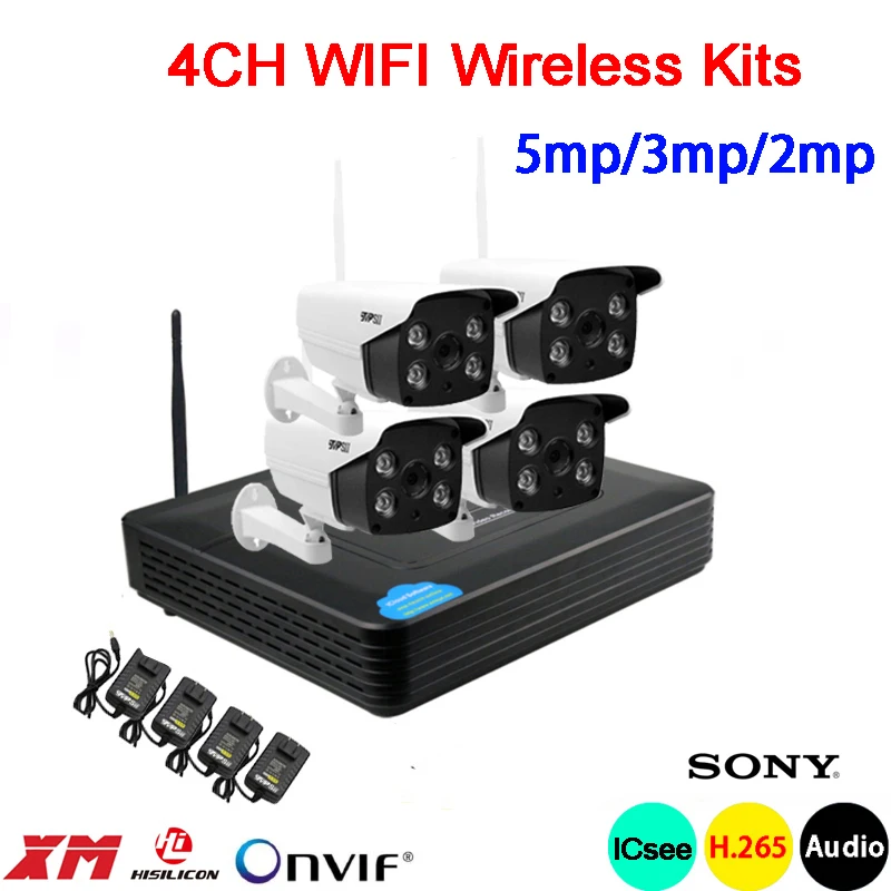  5mp/3mp/2mp White 6pcs Array Led Waterproof Two way Audio H.265+ 25fps 4CH 4 Channel WIFI Wireless 