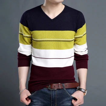 

2020 New Autumn Fashion Brand Sweater For Mens Pullover V Neck Slim Fit Jumpers Knitwear Striped Korean Style Casual Men Clothes