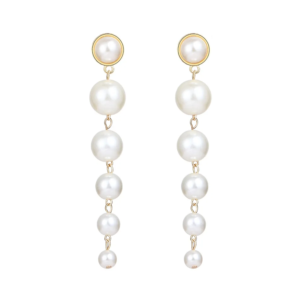 

Kirykle Trendy Elegant Created Big Simulated Pearl Long Earrings Pearls String Statement Earrings For Wedding Party Gift