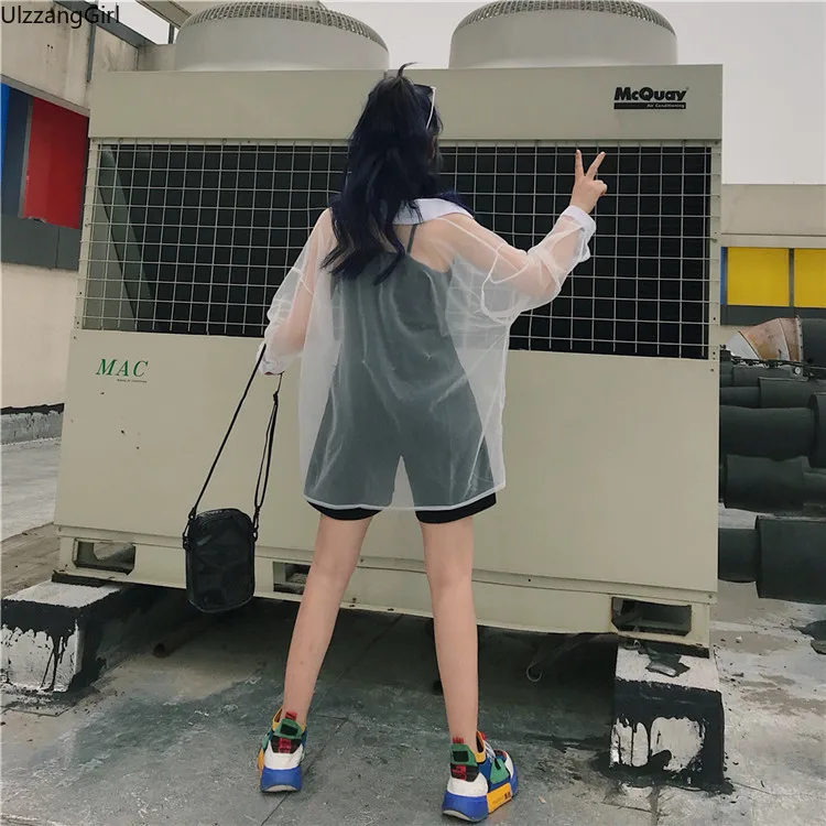 

See Through Transparent Solid White Chiffon Button Blouse Women Sexy Streetwear Sun Cover Up Top Shirt Summer Windbreaker/Jacket
