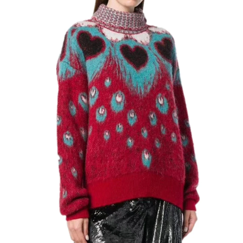 

2018 Winter Heart Jacquard Oversized Sweaters women Hit Color Turtleneck Jumper Women's Sweater Knitted Pullover Knitwear top