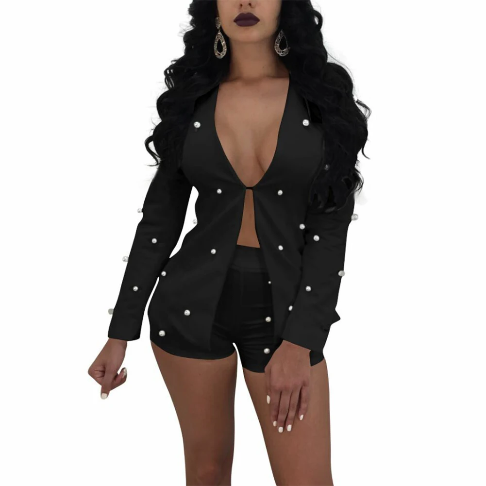 Embellished Pearl Blazer Business Set Women Two Piece Outfits Long