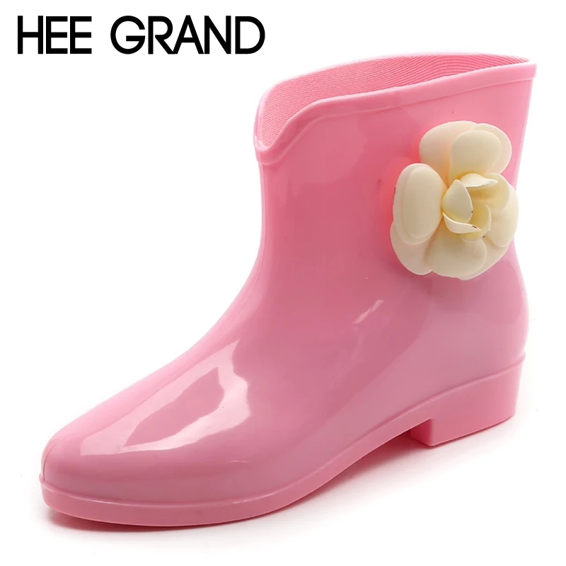

HEE GRAND Rain Boots Rubber Candy Colors Women Ankle Boots Flowers Platform Shoes Woman Casual Slip On Flats Women Shoes XWD6645