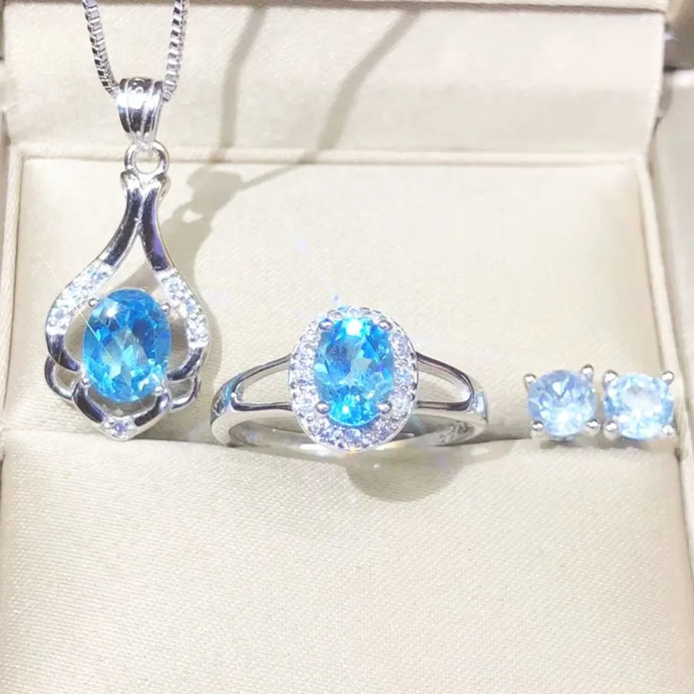 Anniversary Ring Necklace Earrings Jewelry Set Natural AAA Blue Topaz Stone Birthstone Woman 