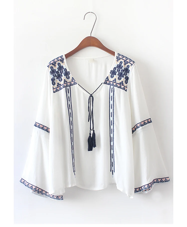 Women's Peasant Tunic Top Mexican Embroidered Flowers White Cotton