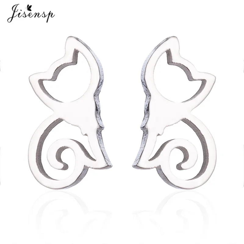 Jisensp классические асимметричные серьги-гвоздики с животными для девочек с милым рисунком кота и мышки, детские ювелирные изделия, подарок - Окраска металла: earrings silver