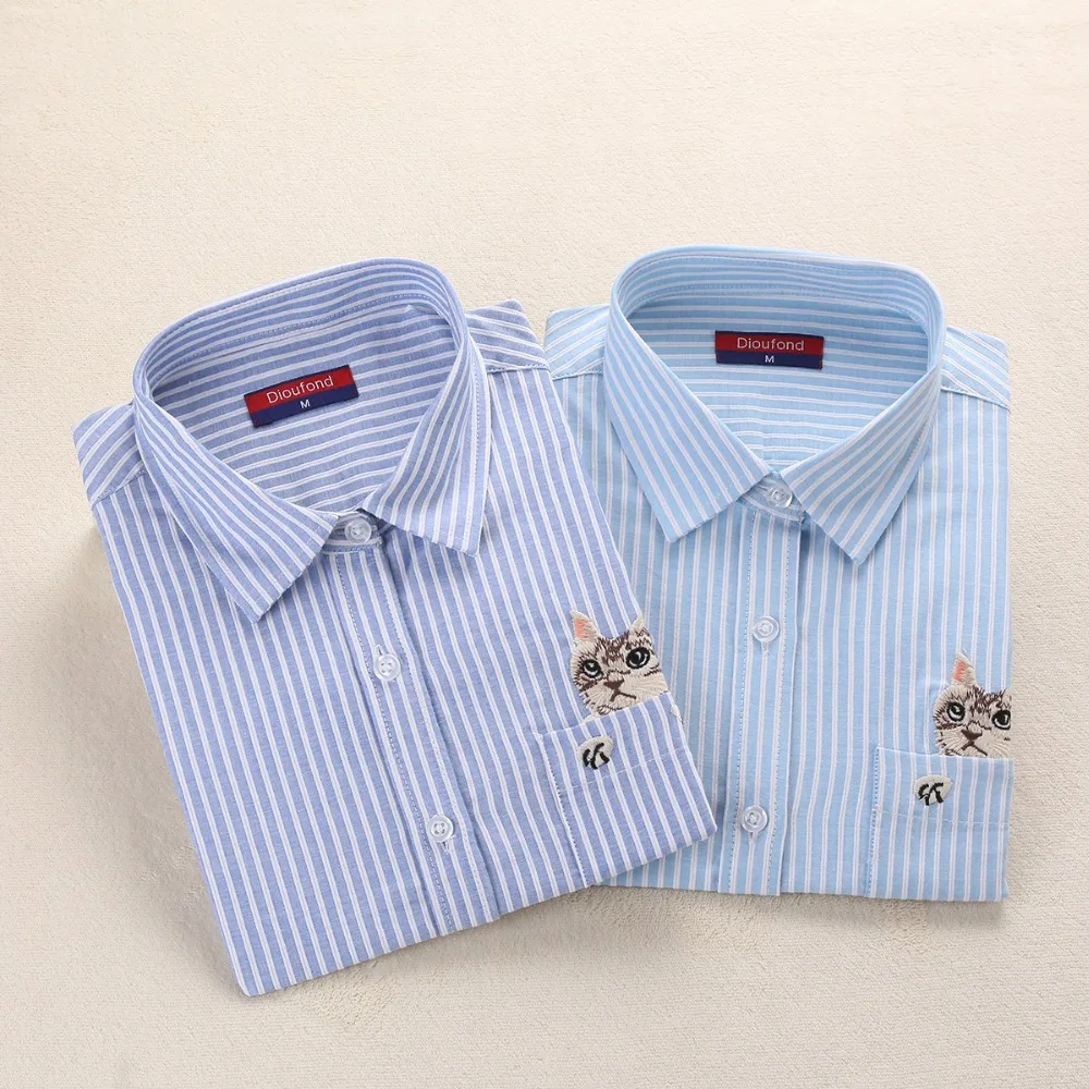 Vente Dioufond Femmes Rayé Chemise À Manches Longues Turn Down Collar Dames Coton Blouses Bureau Femme Tops Poche Avec Chat broderie