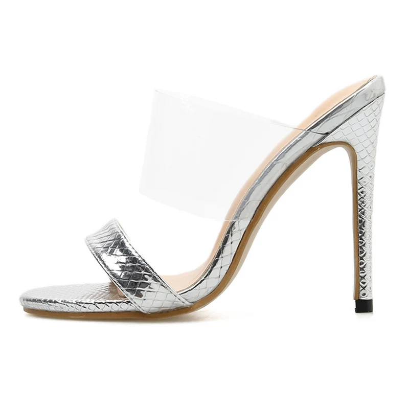 

2019 Women pencil Heels 11cm Extreme High Heels Sandals Mules Neon Transparent Heels Slippers Silver Blue Stiletto Pumps Shoes