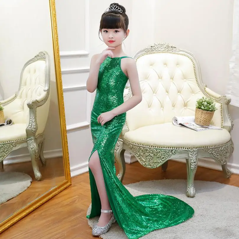

New Children Girls Sequin Mermaid Dress Pageant Dress First Communion Dresses Backless Green Flower Girl Formal Party Gowns Y577