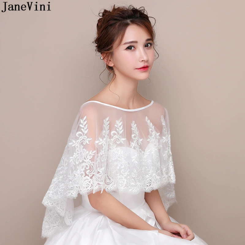 

JaneVini New White Bridal Lace Bolero Appliques Sequined Capes Low Front Long Back Summer Shrug Women Shawls Wedding Accessories