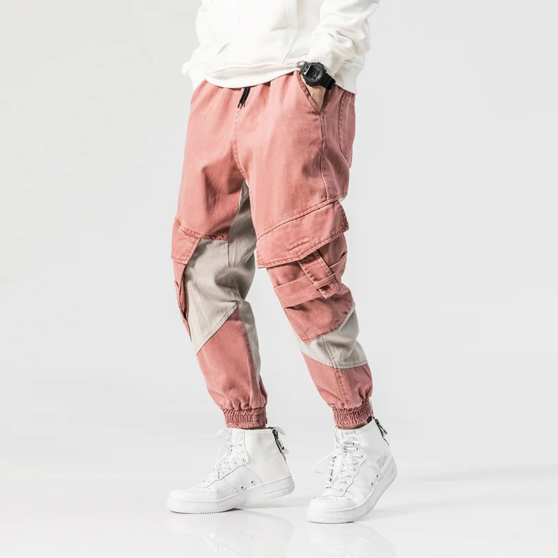 

2019 High Street Fashion Men Jeans Pink Color Big Pocket Cargo Pants Spliced Hip Hop Jogger Jeans Loose Fit Tapered Pants Men