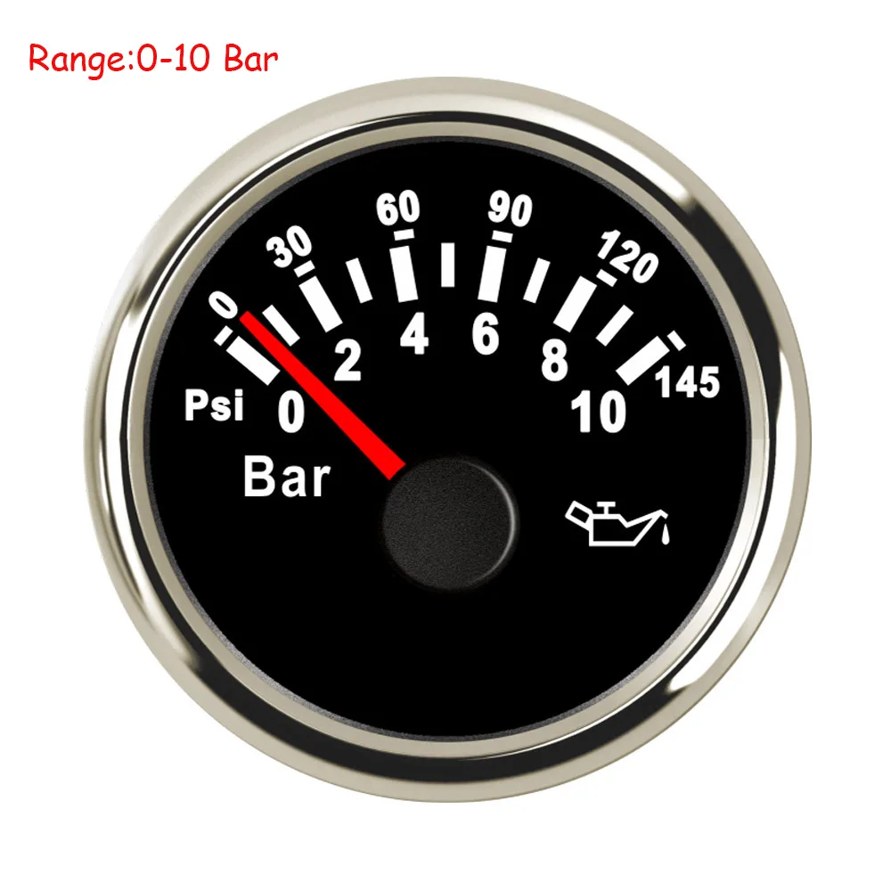 5 бар/10 бар датчик давления масла с подсветкой 52 мм водонепроницаемый измеритель давления масла подходит для лодки автомобиля - Цвет: Black Silver 10Bar