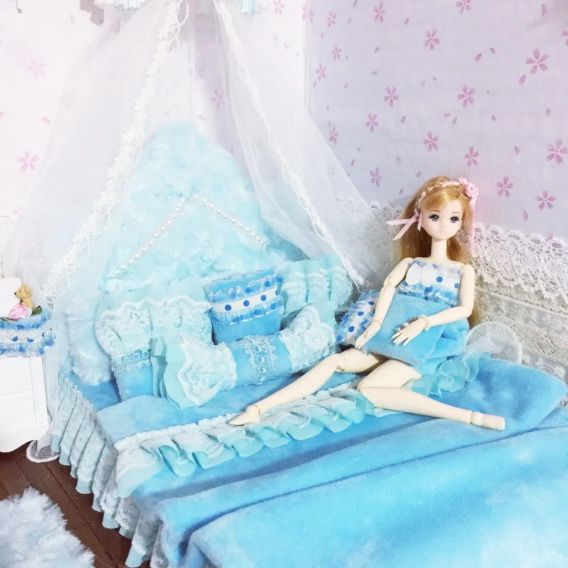 1:6 мебель для кукол кукольный домик миниатюрная кукольная кровать kawaii имитация мягкая Роскошная синяя кровать ролевые игры игрушки для девочек Подарки