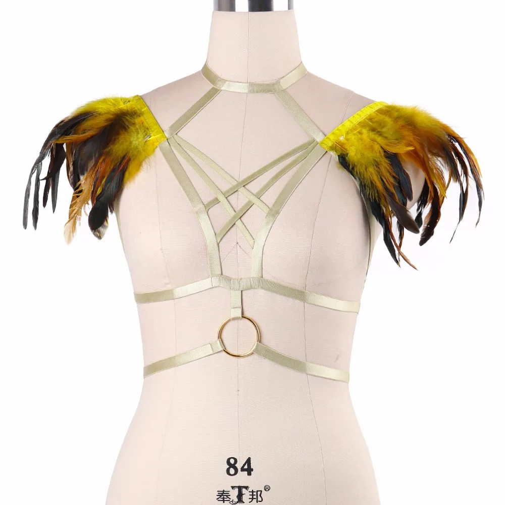 

Gothic Festival Feathers Harness Rave Wear Epaulette Angel Wings Bondage Shoulder Cage Bralette Burlesque Burning Corset DO0580