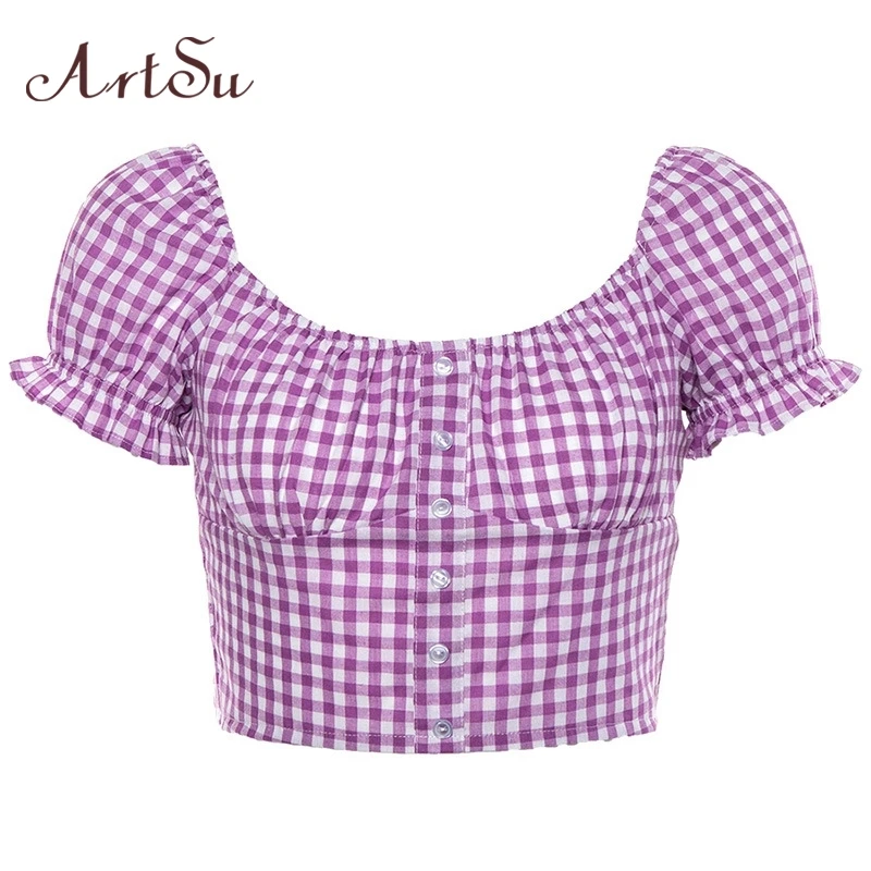 

ArtSu Vintage Plaid Vogue T shirt Lantern Sleeve Womens Tshirts Casual Fashion Checkered Crop Top Ladies Tshirt Summer ASTS20916