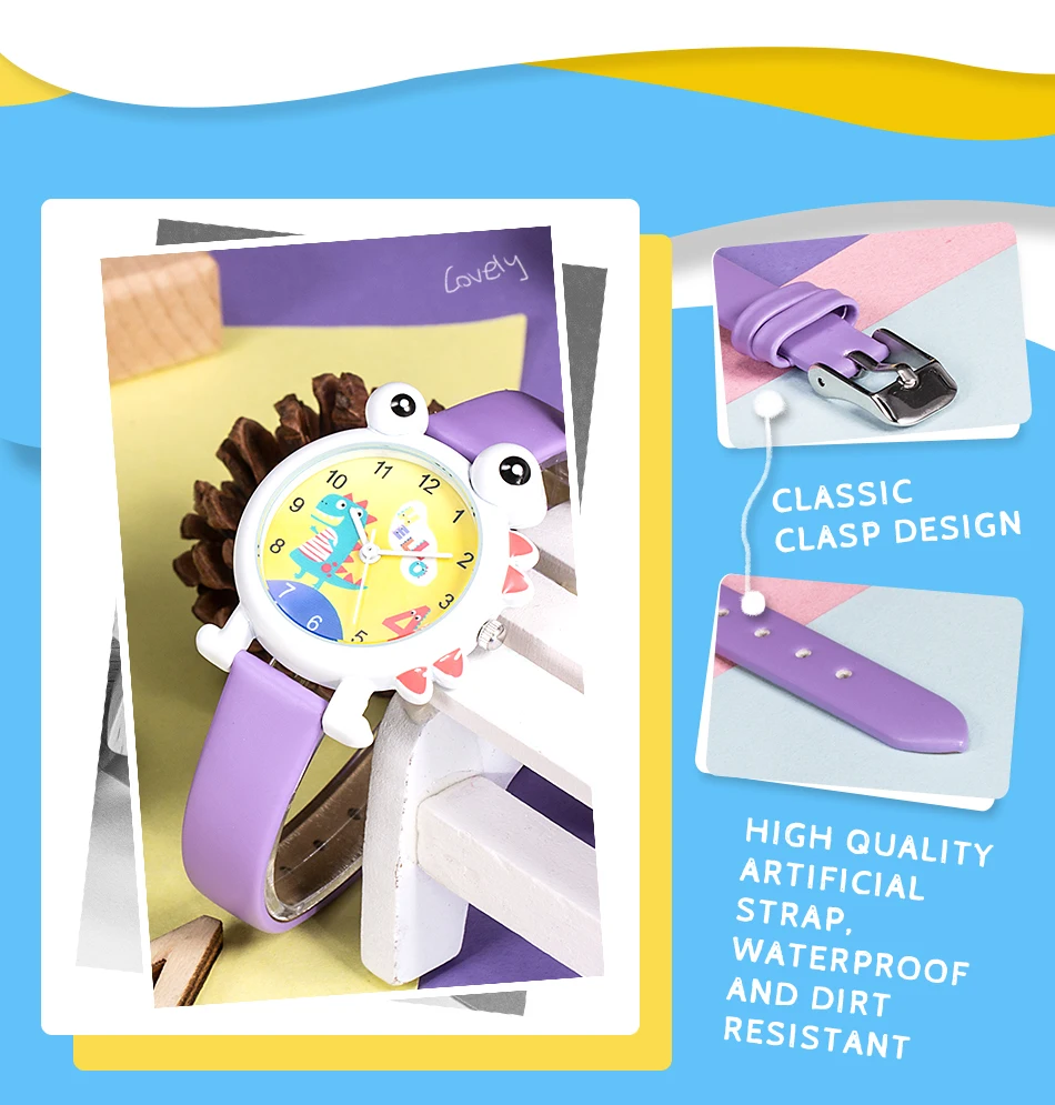 KDM красивые детские часы, детские часы для девочек и мальчиков, водонепроницаемые часы с рисунком динозавра из мультфильма, кожаные милые детские наручные часы, студенческие часы