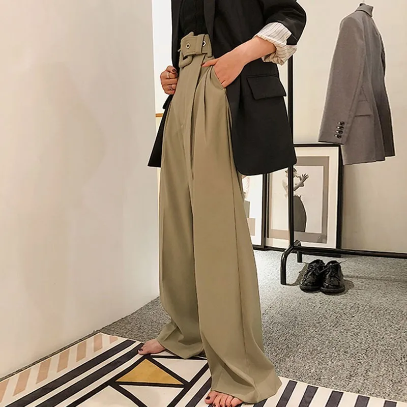 Moda Mujeres Diario Coreana Ropa Casual Para Alta Pierna Mujer De Largos 2018 Negro Otoño Vendaje Caqui Primavera Cintura Ancha Pantalones WSTSndxqX4