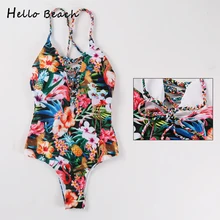 HELLO BEACH Цельный купальник женский купальный костюм пуш-ап купальники женские плавки Сексуальные Глубокий V Монокини Купальники с принтом