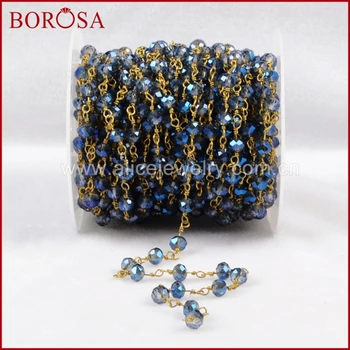 

BOROSA 5 meters Gold Color Or Silver Color Titanium Transparent Blue Color Glass Beads Chains JT090