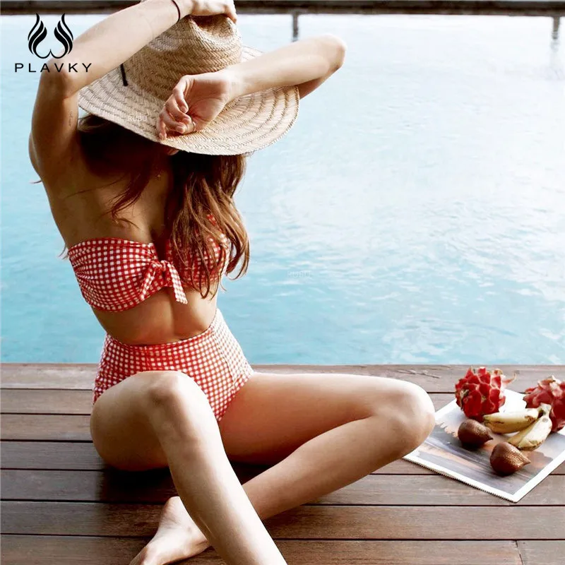 Preise Sexy Retro Plaid Hohe Taille Bikini 2020 Bademode Frauen Badeanzug Weibliche V Draht Bandeau Swim Badeanzug Biquini Badenden