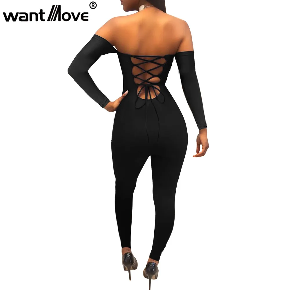 Wantmove 2018 women jumpsuit off the should full sleeve back lace up womens jumpsuits and rompers sexy club bodysuit JZ072