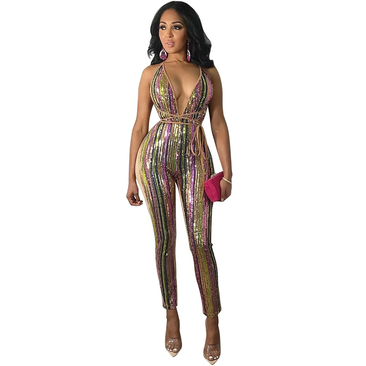 Women Colorful Stripe Sequins Bandage Jumpsuit Sexy Deep V