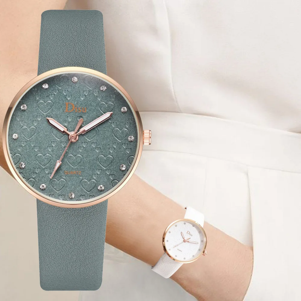 

DISU Hot Fashion Ladies Frosted Dial Heart Shape Pattern Watch Clock Leather Belt Temperament Dress Quartz Watch Reloj Mujer #B