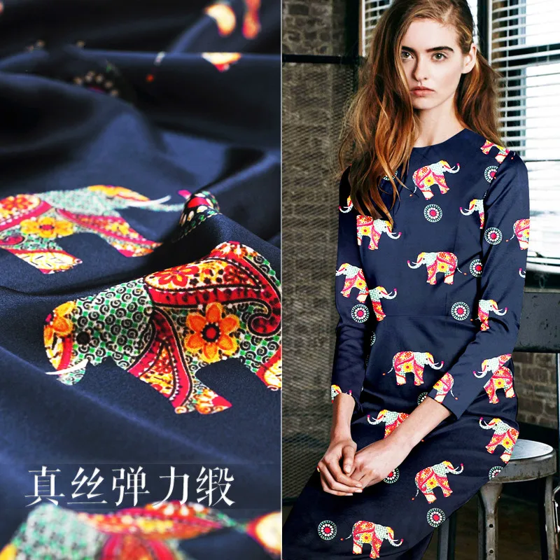 

19mm heavy silk stretch fabric high-end catwalk fabric 140cm wide gold elephant printed silk stretch satin wide silk fabric dres