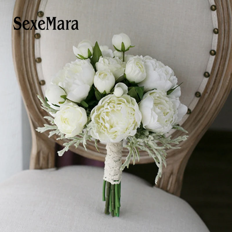 

SexeMara New artificial white peony flowers wedding bridal bouquet bride holding flower Bridesmaid bouquet ramo de boda novia