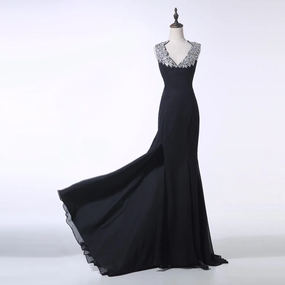 PRD249 Реальный образец особых случаев Черный Русалка бисером шифон вечернее платье Элегантное Длинное платье для выпускного вечера - Цвет: Черный