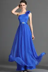 Королевский синий 2019 дешевые платья подружки невесты до 50 A-Line одно плечо шифон Цветы Длинные свадебные платья