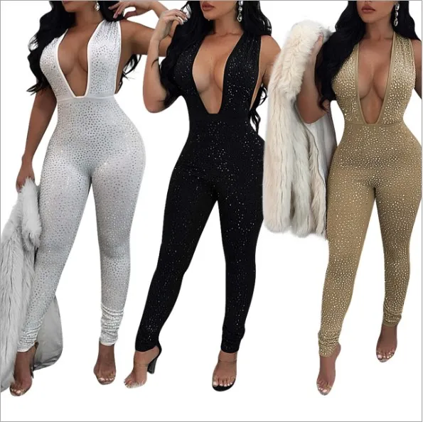 

Europed Backless Deep V-Neck Sexy Club Women Jumpsuits 2018 New Arrival Female Elegant Robe Bodycon Diamonds Jumpsuits HJ947