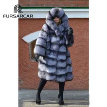 Меховая саркар, стиль, натуральное меховое пальто для женщин с большим капюшоном, роскошная зимняя теплая куртка из меха серебристой лисы 100 см, длинное пальто из меха лисы