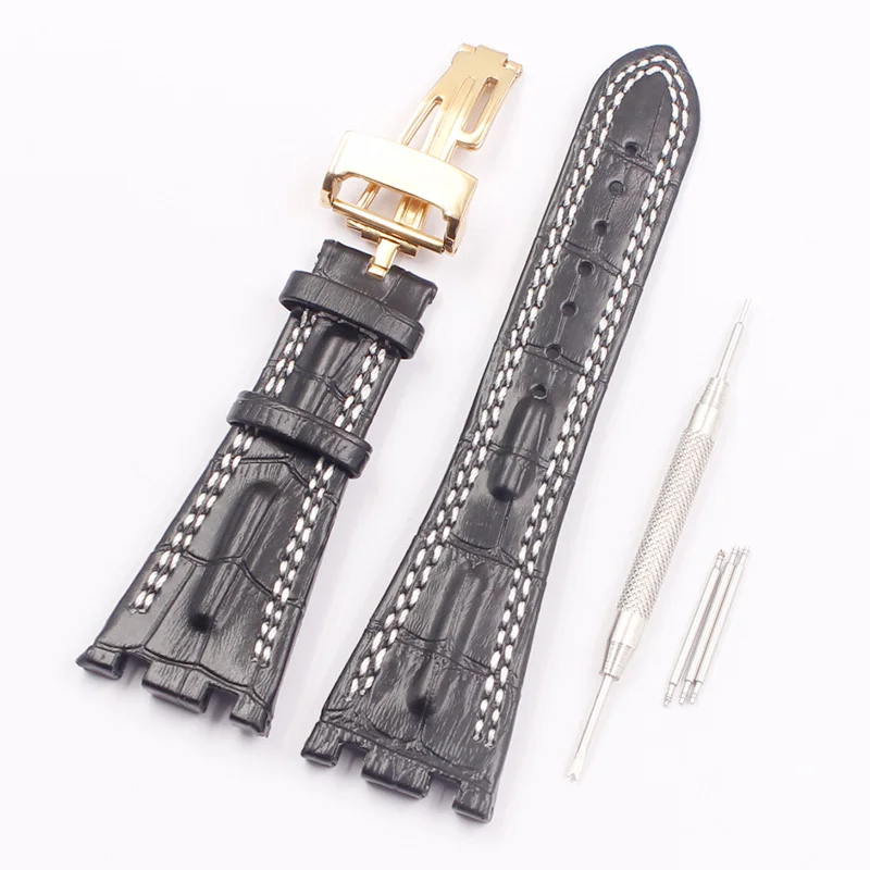 Аксессуары для часов кожаный ремешок для часов AP мужской Нотч браслет подходит для Audemars Большой Королевский дуб серии 28 мм Складная пряжка - Band Color: Black