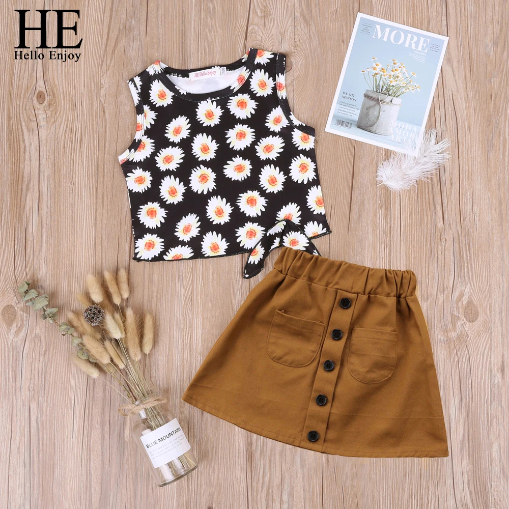 

HE Hello Enjoy Summer Baby Girls Clothing Sets Sleeveless Print Sunflower Vest+button Skirts Princess Party Suits Kids Clothes
