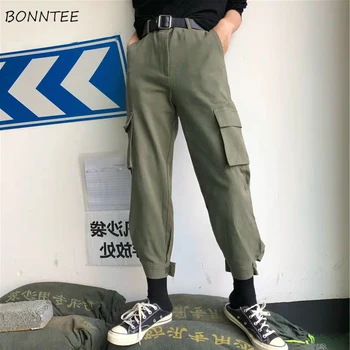 

Pants Women Retro Cargo Ankle-Length Trousers Students High Waist Loose Female Simple Solid Harajuku Korean Style Womens Daily