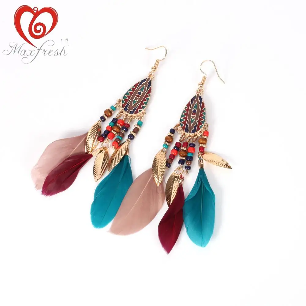 Maxfresh Long Tassel Fashion Feather Style Ethnic Boho Big Dangle Statement Drop Earring Wedding Earrings Accessories | Украшения и