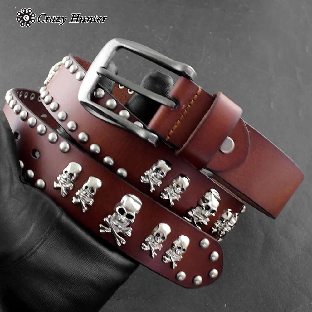 Skull Studded Rivet Genuine Leather Punk Rock Belt Mens Waistband Brown