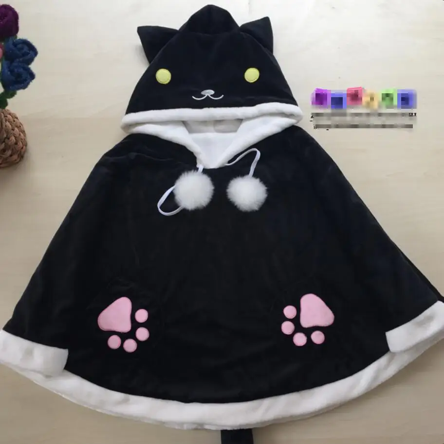 Милый осенне-зимний утепленный плащ в стиле Лолиты, кошки, кролика из мультфильма Neko Atsume - Цвет: Черный